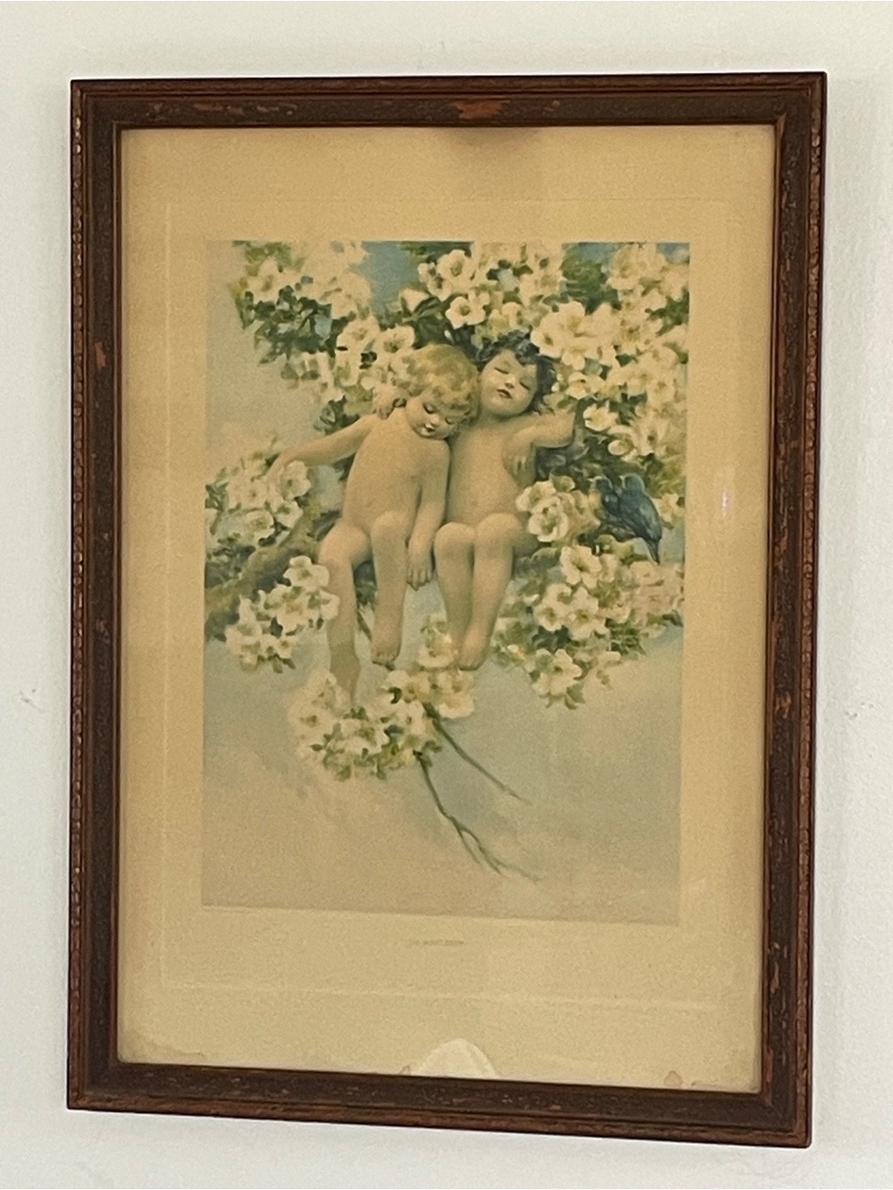 Bessie Pease Gutmann In Arcady Vintage Print Babies Framed Blue Bird Apple Tree